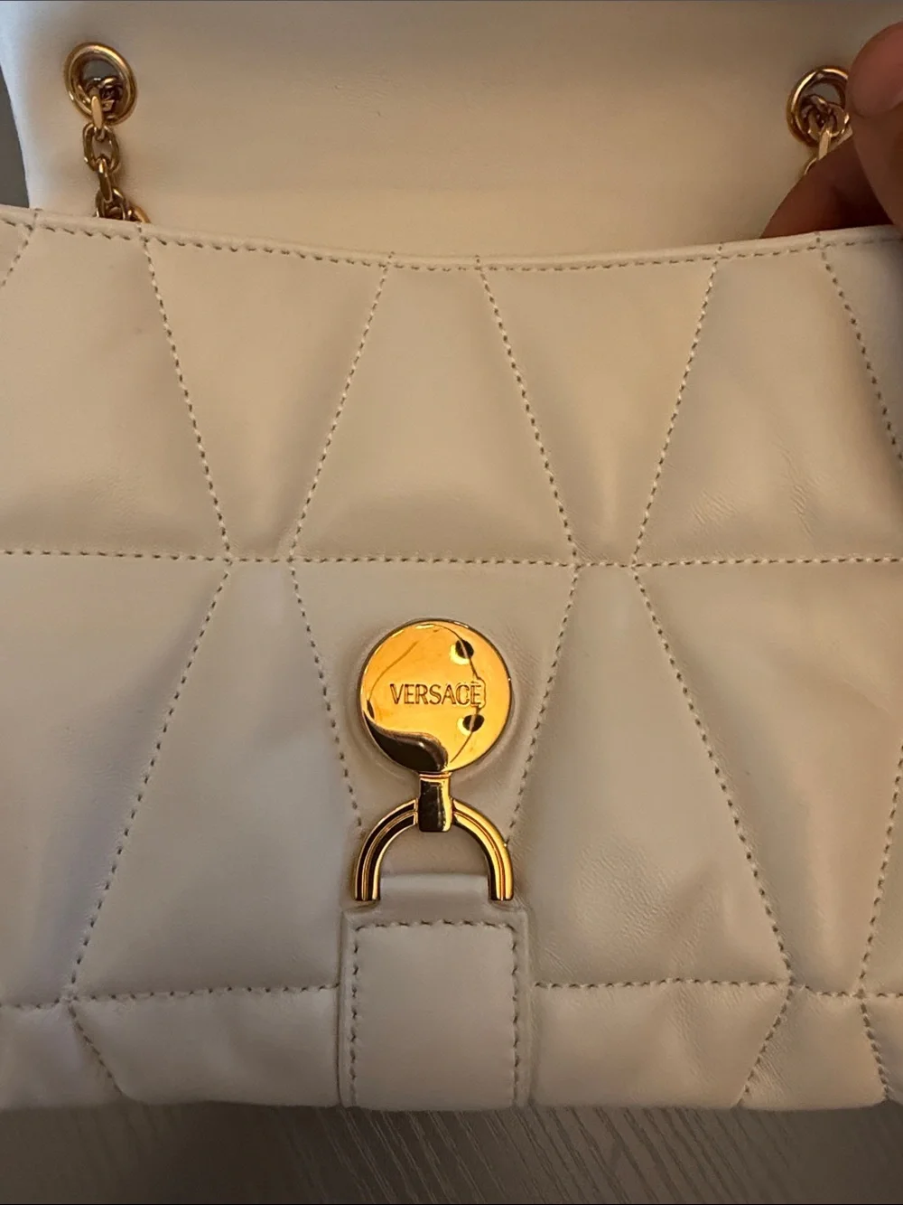 Versace White Quilted Leather Shoulder Tote with Gold Chain